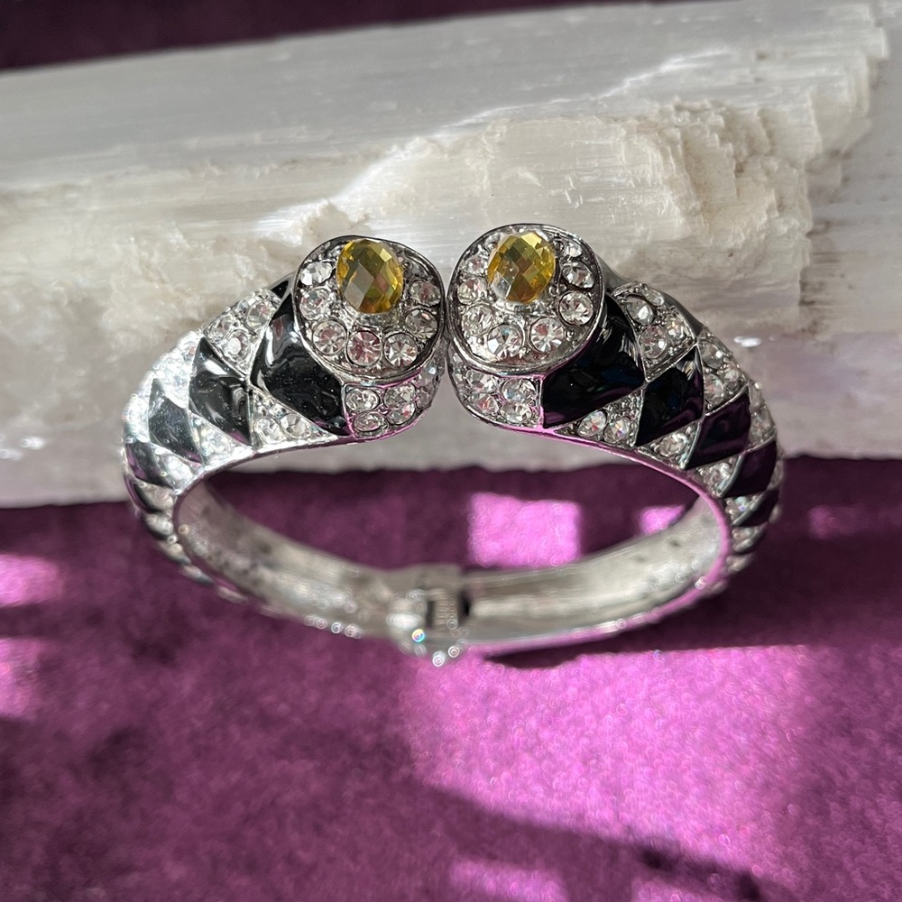 Elegant Black and Silver Crystal Bracelet with Large Yellow crystal Accents